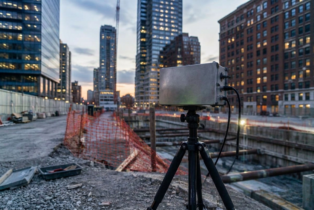 Technician operating monitoring equipment at an urban construction site
