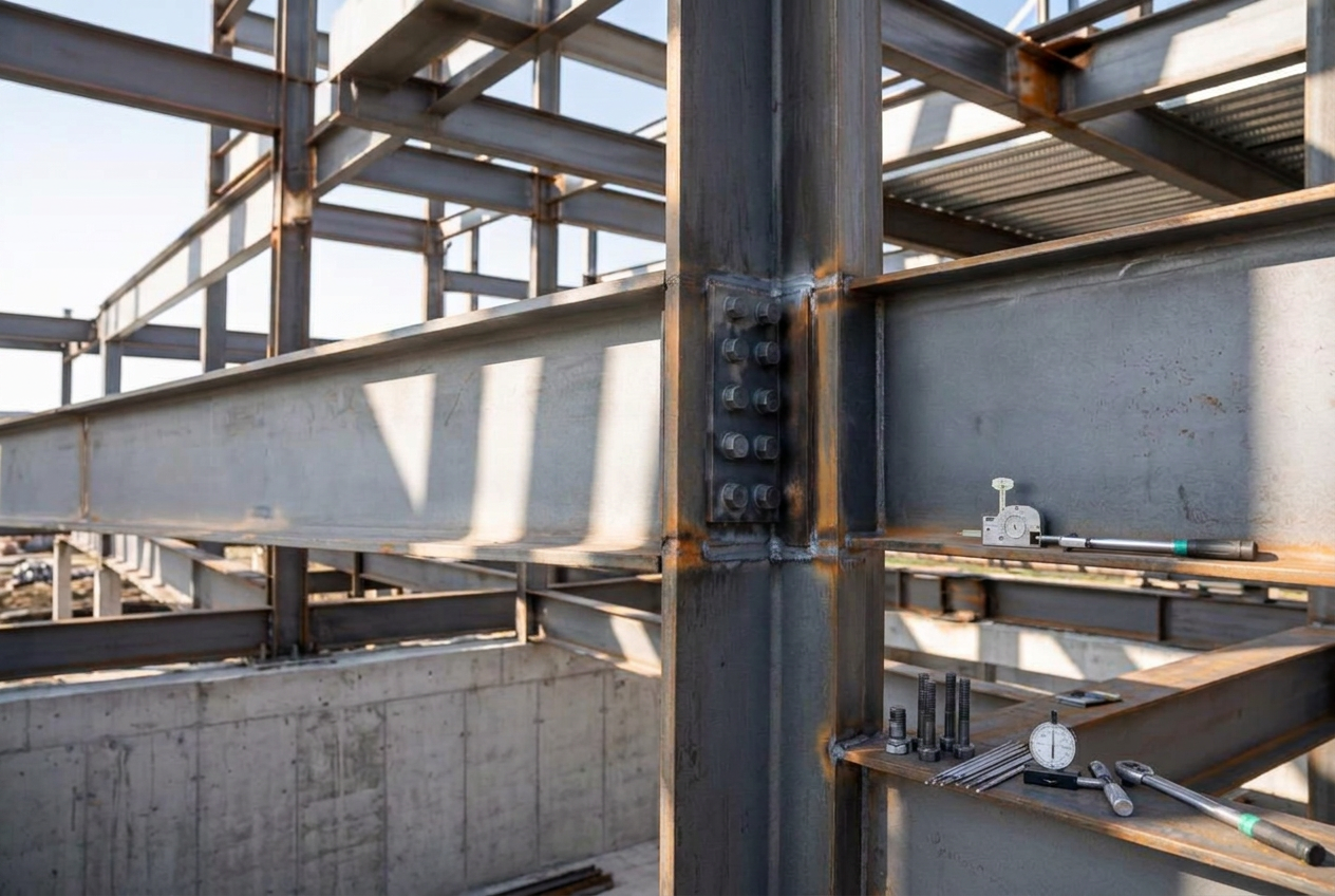 Inspector reviewing structural steel connections on site